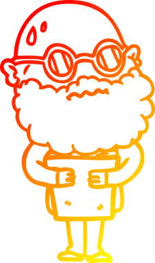 Bir insan tarafından çizilmiş sakallı ve gözlüklü endişeli bir çizgi film karakteri.