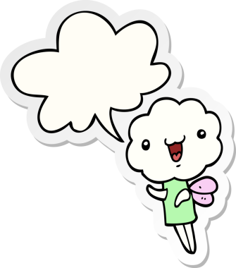 Bir insan tarafından çizilmiş baloncuk çıkartmalı şirin çizgi film başlıklı yaratık.