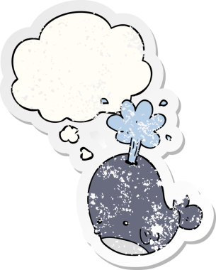 Düşünce baloncuğu ile balina fışkırtan karikatür bir insan tarafından çizilmiş yıpranmış bir çıkartma gibi