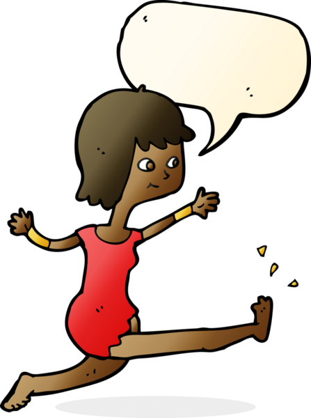 Bir insan tarafından çizilmiş konuşma balonuyla tekme atan mutlu bir kadın.