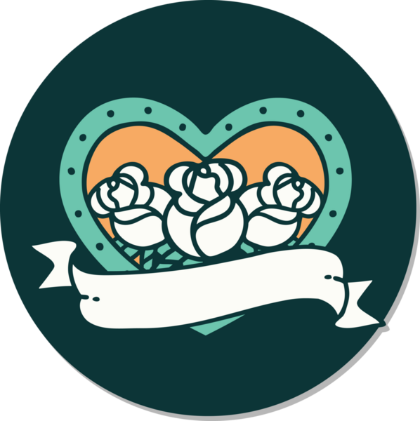 Geleneksel kalp stili dövme çıkartması ve bir insan tarafından çizilmiş çiçekli pankart.