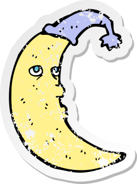 Bir insan tarafından çizilmiş uykulu ay karikatürünün gerilemiş retro yapıştırması
