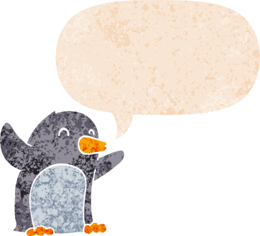 Karikatür, konuşma baloncuğu ile heyecan verici bir penguen grunge sıkıntılı retro dokuma tarzı bir insan tarafından çizilmiş