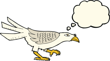 Bir insan tarafından çizilmiş düşünce baloncuklu çizgi film kuşu.