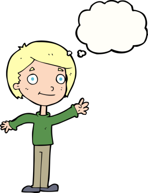 Bir insan tarafından çizilmiş düşünce balonu olan mutlu çocuk çizgi filmi.