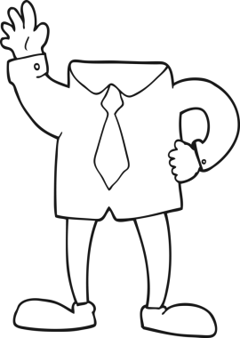 Bir insan tarafından çizilmiş siyah beyaz karikatür başsız iş adamı