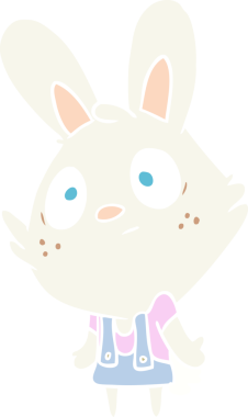 Düz renkli çizgi film tavşanı bir insan tarafından çizilmiş omuz silkiyor.