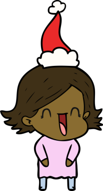 Bir insan tarafından çizilmiş Noel Baba şapkası takan gülen bir kadının el çizimi.