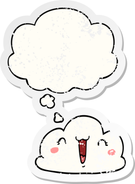 Düşünce baloncuğu olan sevimli çizgi film bulutu bir insan tarafından çizilmiş yıpranmış bir çıkartma gibi.