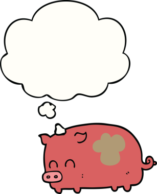 Bir insan tarafından çizilmiş düşünce baloncuklu şirin domuz.