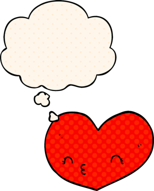 Çizgi roman tarzında bir insan tarafından çizilmiş düşünce baloncuklu karikatür kalbi.