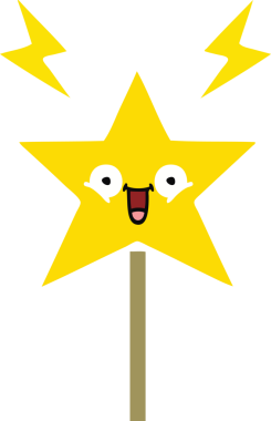 Bir insan tarafından çizilmiş sihirli değneğin düz renkli retro karikatürü