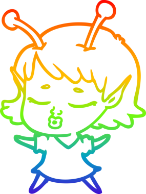 Gökkuşağı gradyan çizgisi. Bir insan tarafından çizilmiş şirin bir uzaylı kız çizgi filmi.