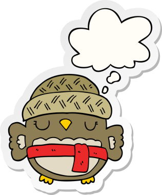 Düşünce baloncuklu şapkalı şirin baykuş bir insan tarafından çizilmiş bir çıkartma.