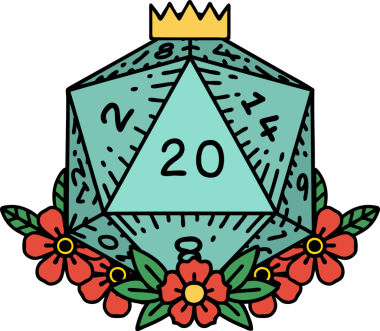 Retro Dövme Biçimi Doğal 20 D20 zar bir insan tarafından çizilmiş çiçek elementleriyle