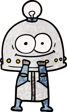 Bir insan tarafından çizilmiş ampullü mutlu karton robot.