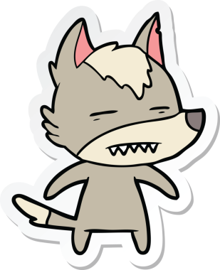 Bir insan tarafından çizilmiş dişleri gösteren bir kurt çizgi film etiketi.