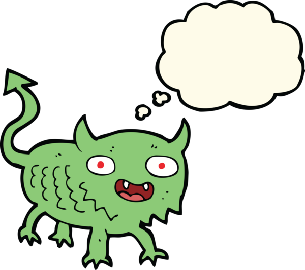 Bir insan tarafından çizilmiş düşünce baloncuğu olan küçük bir iblis.