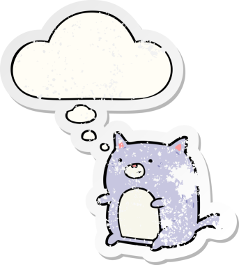 Düşünce baloncuğu olan çizgi film kedisi insan tarafından çizilmiş yıpranmış bir çıkartma.