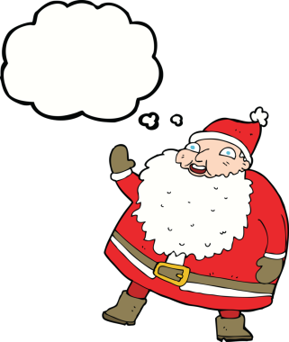 Bir insan tarafından çizilmiş düşünce baloncuklu komik Noel Baba çizgi filmi.