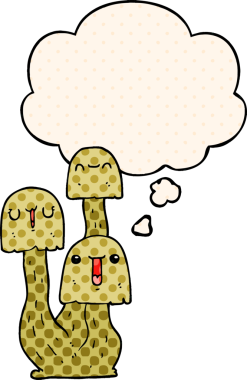 Çizgi roman tarzında bir insan tarafından çizilmiş düşünce baloncuklu mantar.