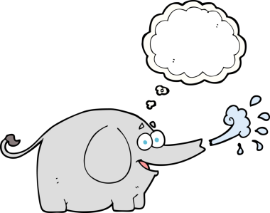 Serbest çizim düşünce balonu karikatür fili bir insan tarafından çizilmiş su fışkırtıyor.