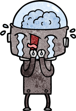 Bir insan tarafından çizilmiş ağlayan robot çizgi film.