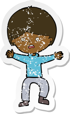 Bir insan tarafından çizilen paniğe kapılan çizgi film karakterinin gerilimli retro yapıştırması.