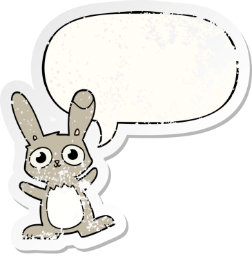 Konuşma baloncuğu olan sevimli çizgi film tavşanı bir insan tarafından çizilmiş sıkıntılı eski bir çıkartma