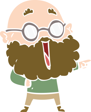 Düz renkli çizgi film, neşeli, sakallı, bir insan tarafından çizilmiş bir adam.