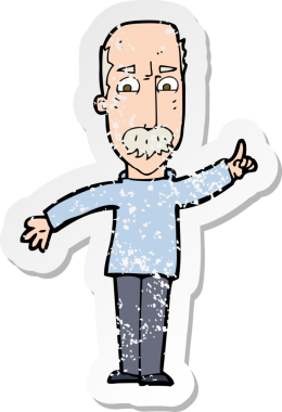 Bir insan tarafından çizilmiş sert bir uyarı yayınlayan bir çizgi film karakterinin gerilimli retro yapıştırması.