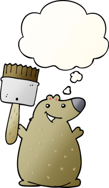 Düşünce baloncuklu boya fırçalı çizgi film ayısı bir insan tarafından çizilmiş.