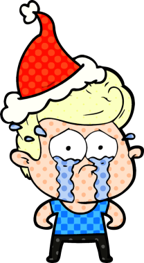 Bir insan tarafından çizilmiş Noel Baba şapkası giymiş ağlayan bir adamın el çizimi çizgi roman çizimi.