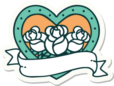 Geleneksel kalp stili dövme çıkartması ve bir insan tarafından çizilmiş çiçekli pankart.