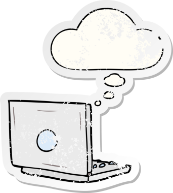 Düşünce baloncuklu çizgi film dizüstü bilgisayarı bir insan tarafından çizilmiş yıpranmış bir çıkartma.