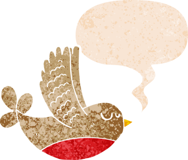 grunge 'da konuşma baloncuğu olan karikatür kuşu bir insan tarafından çizilmiş dertli retro tarzı