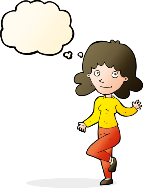 Karikatür dostu kadın bir insan tarafından çizilmiş düşünce balonuyla el sallıyor.