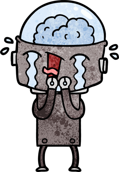 Bir insan tarafından çizilmiş ağlayan robot çizgi film.