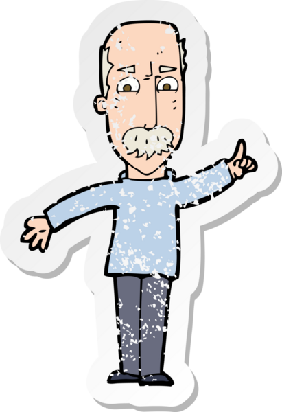 Bir insan tarafından çizilmiş sert bir uyarı yayınlayan bir çizgi film karakterinin gerilimli retro yapıştırması.