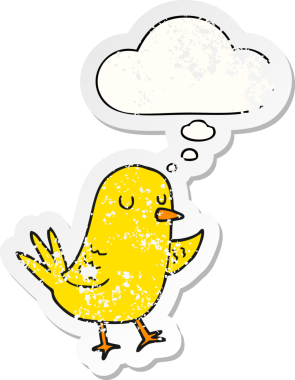 Düşünce baloncuğu olan çizgi film kuşu insan tarafından çizilmiş yıpranmış bir çıkartma gibi.