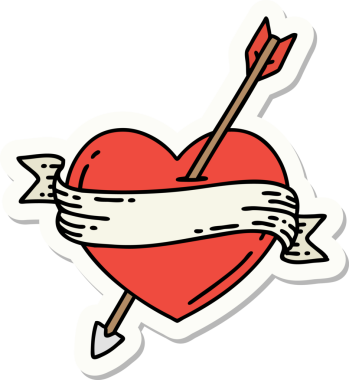 Bir insan tarafından çizilmiş ok kalp ve pankartın geleneksel stiliyle dövme çıkartması.