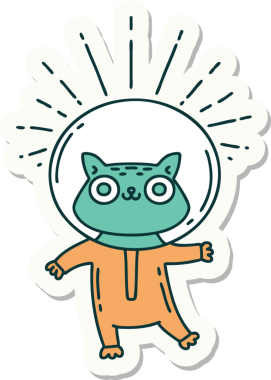 Bir insan tarafından çizilmiş astronot kostümlü dövme stili bir kedinin çıkartması.