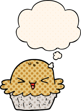 Bir insan tarafından çizilmiş çizgi roman şeklinde düşünce baloncuklu şirin bir turta.