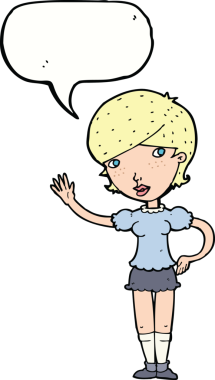 Bir insan tarafından çizilmiş konuşma balonuyla el sallayan çizgi film kızı.