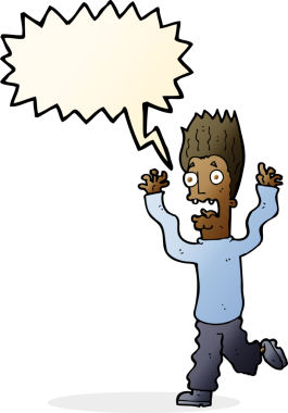 Bir insan tarafından çizilmiş, konuşma balonuyla dehşete düşmüş bir adam.