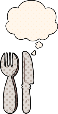 Çizgi roman tarzında bir insan tarafından çizilmiş düşünce baloncuklu çatal ve bıçak.