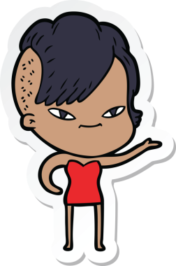 Hipster saç kesimi bir insan tarafından çizilmiş şirin bir çizgi film kızına ait etiket.