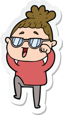 Bir insan tarafından çizilmiş gözlüklü mutlu bir kadının çıkartması.