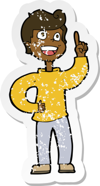 Bir insan tarafından çizilmiş harika bir fikri olan bir çizgi film çocuğunun gerilimli retro yapıştırması.