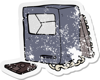 Bir insan tarafından çizilmiş kırık eski bir bilgisayarın sıkıntılı çıkartması.